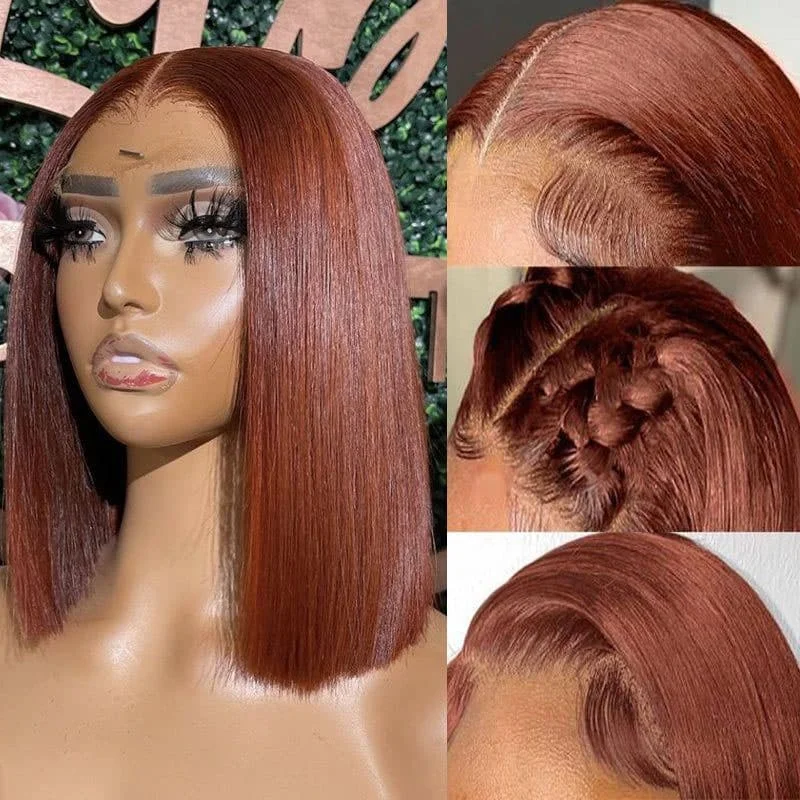 Reddish Brown #33 Straight Bob Wig 4×4 And 13×4 Lace Wigs 180% Density Dark Auburn Color