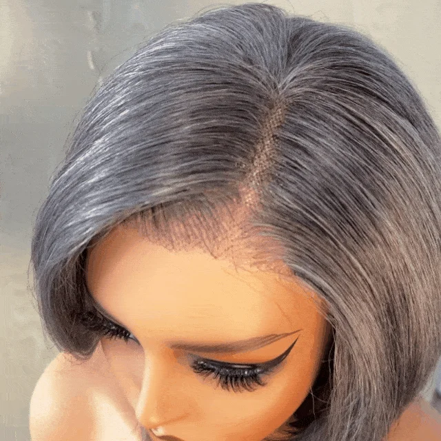 Salt and Pepper Gray Short Bob Wig Pre Cut 5x5 Closure Highlight Glueless Layered Human Hair