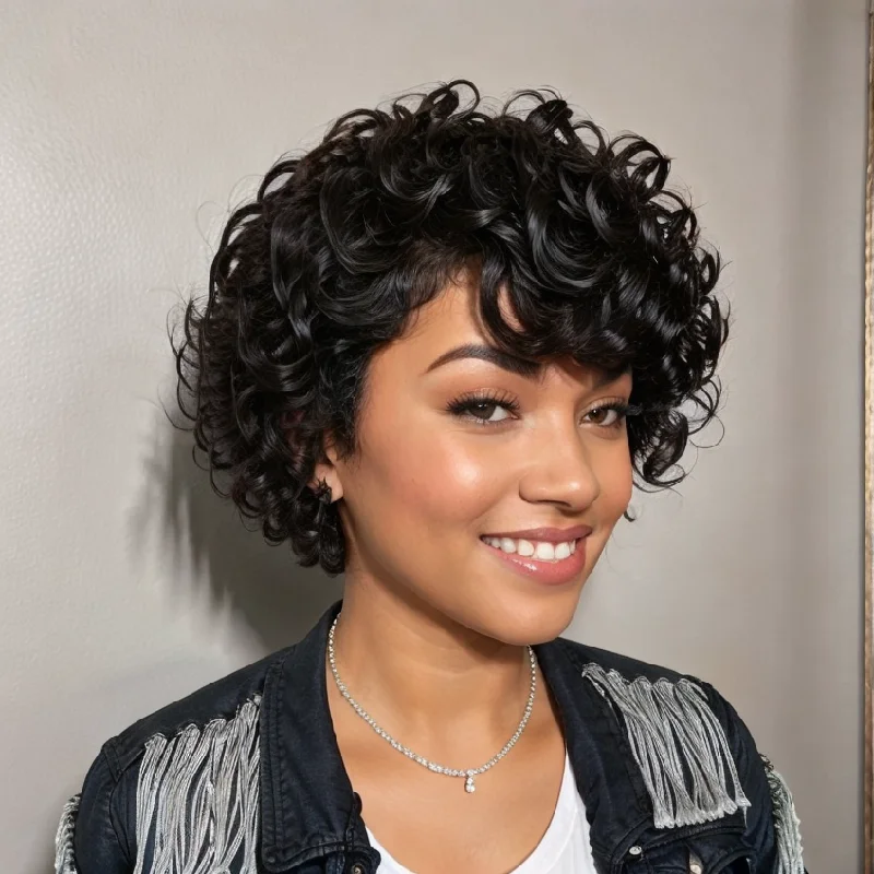 Short Natural Black Glueless Chic Curly Wig With Swept Bangs 100% Human Hair Wigs