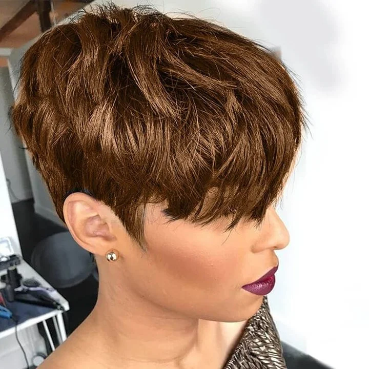 Colored Layered Pixie Cut Human Hair with Bangs Bob Wigs