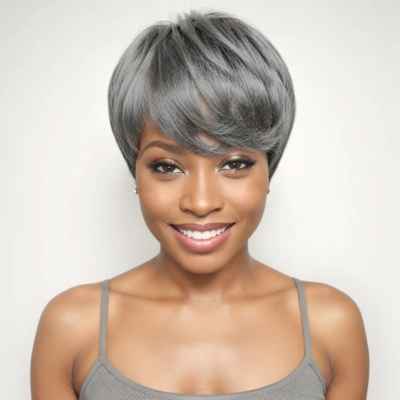 LinktoHair Short Salt And Pepper Human Hair Pixie Cut Wig