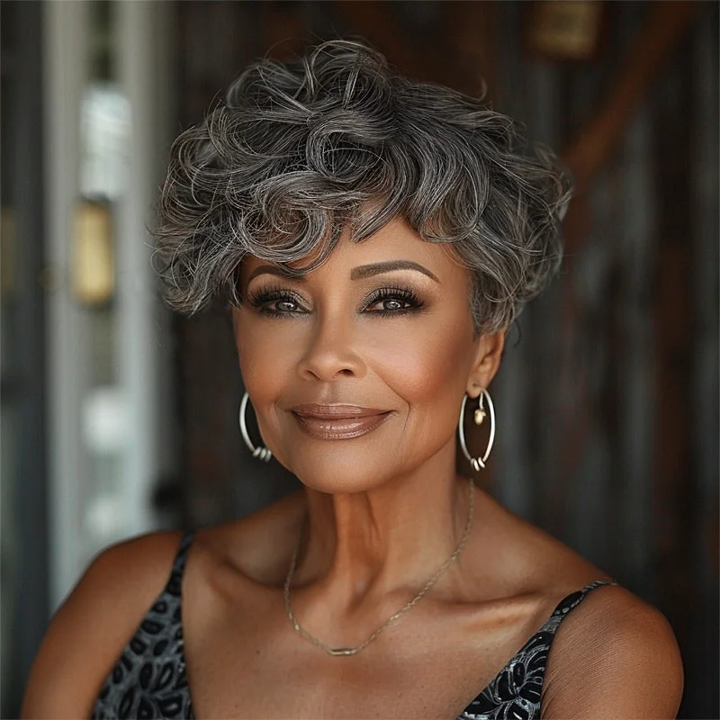 Short Tapered Pixie Haircuts Salt And Pepper Color Natural Wave Human Hair Glueless Wigs For Women Over 50-GPXW002C