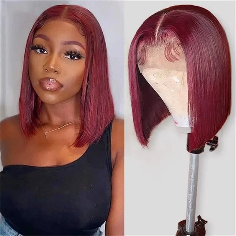 Short Wigs 99J Burgundy Straight Hair Short Bob Wig 4×4 And 13×4 Lace Wigs 180% Density