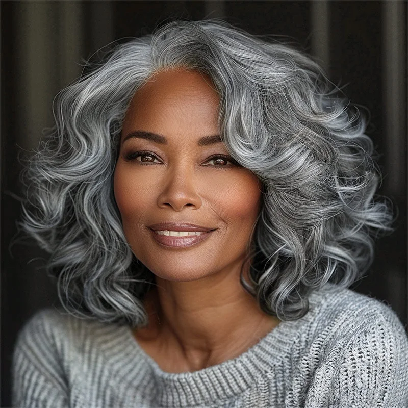 Silver Fox Big Loose Wave Bob Salt & Pepper Human Hair HD Lace Wigs For Women Over 60