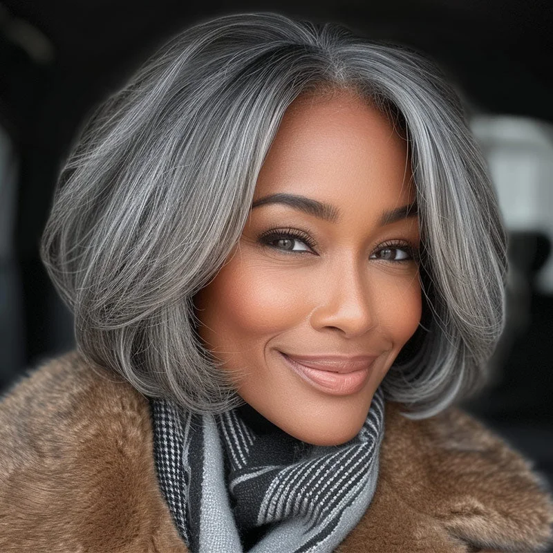 Classic Women's Hairstyle Salt and Pepper Straight Bob Real Human Hair Wear Go Glueless Lace Wigs For Mom