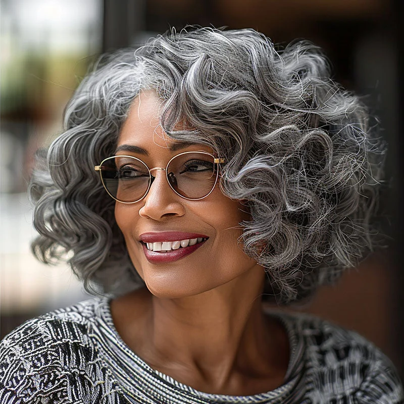 Silver Gray Loose Curly Wig For Seniors Salt & Pepper Human Hair Custom Bob Wigs For Women Over 60