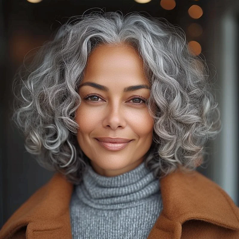 Silver Grey Big Loose Curly Bob Wigs For Seniors Salt & Pepper Human Hair 4x4 Lace Wigs For Women Over 60