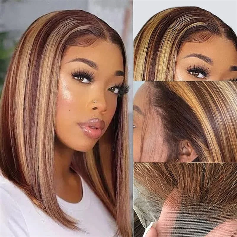 Straight Bob Highlight Wigs P4/27 Colored Straight Lace Bob Wig Human Hair Wigs Pre Plucked