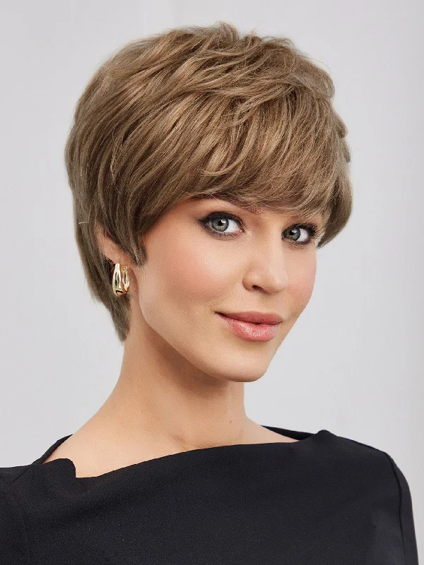 TOPSHE 150% Elf Short Straight Brown Colored Human Hair Wig With Bangs