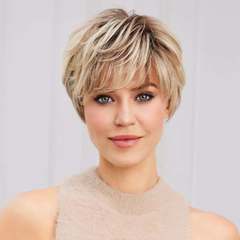 TOPSHE 4*1 Lace Front Short Straight Pixie Cut With Bangs Light Blonde Color Wear&Go Wigs For Women