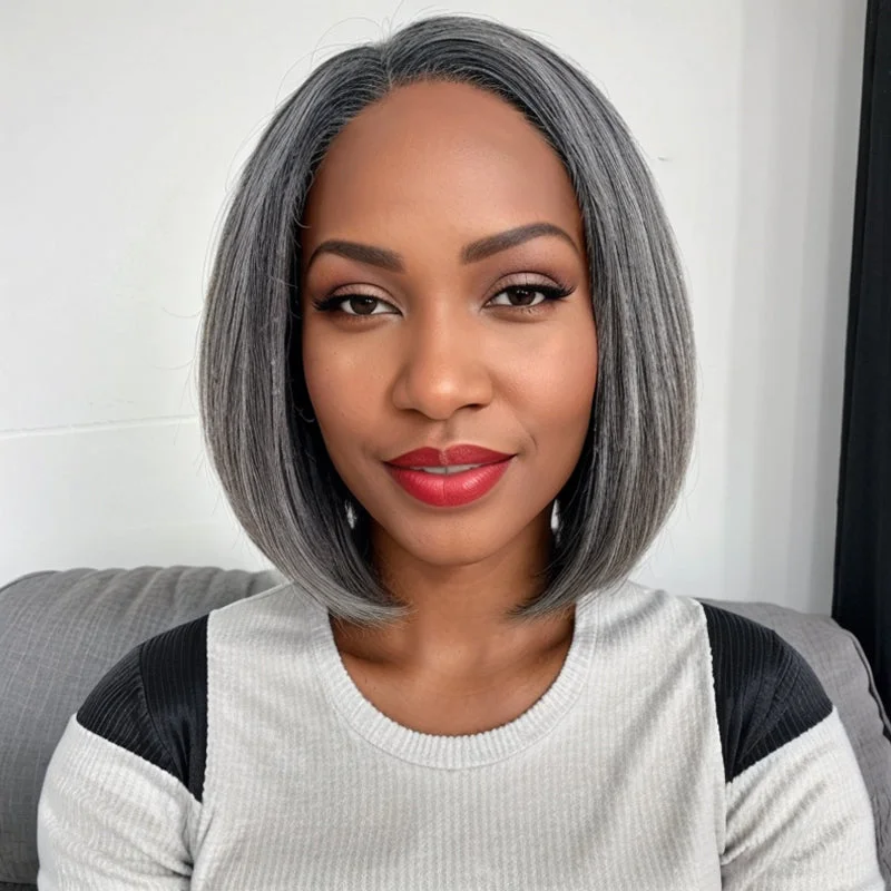 Trendy Color Salt And Pepper | Side Part Straight Bob Glueless 5x5 Closure Lace Wig 100% Human Hair