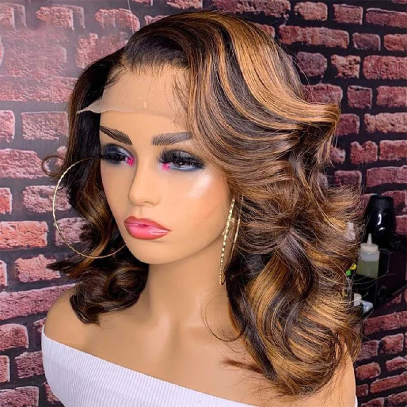 Tuneful Glueless Highlight Body Wave Wavy Bob Wigs Colored Human Hair Frontal Closure Bob Wig 180% Density