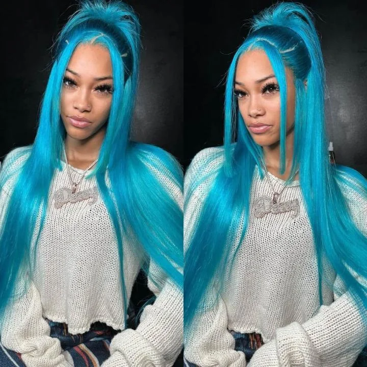 Tuneful Special Customise Blue Colored 13x4 13x6 HD Lace Front Human Hair 613 Frontal Wigs 210% Density