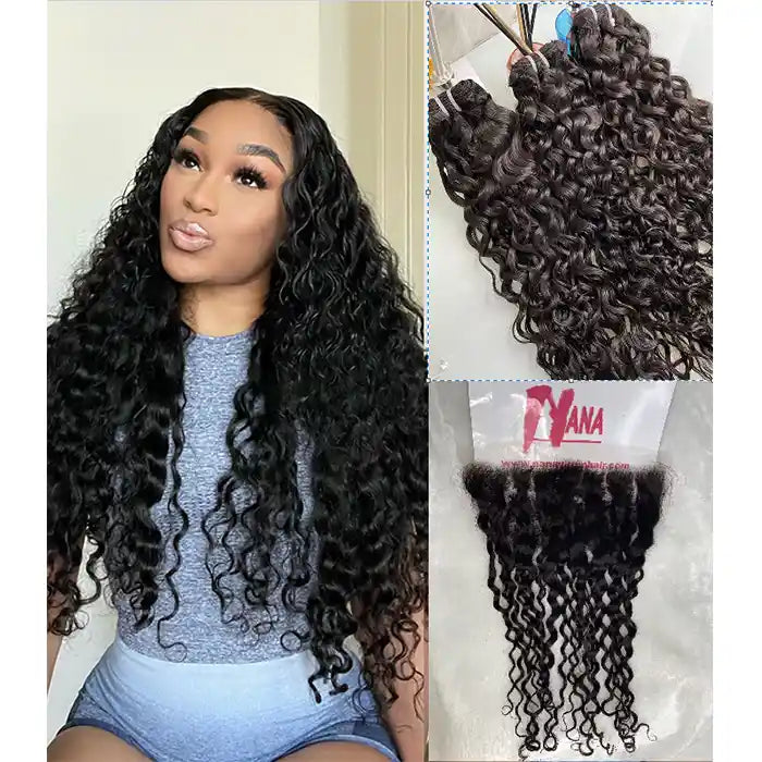 Raw Human Hair Water Wave one donor hair bundle deal with frontal 13x4 13x6