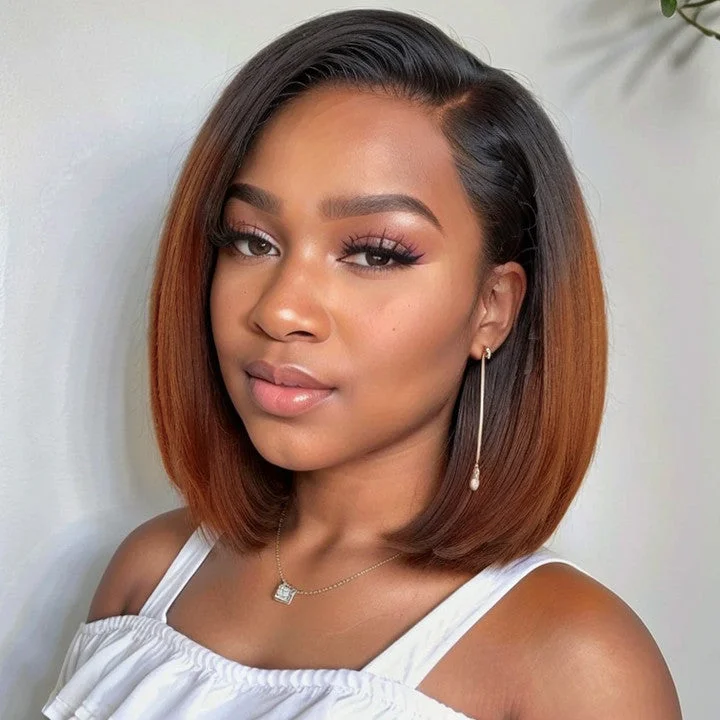 Put On & Go | 5x5 Kinky Edges Ombre Brown Kinky Straight Bob Lace Wig 100% Human Hair