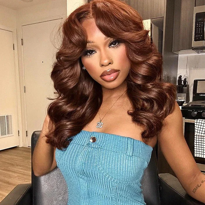 Put on & Go Chestnut Brown Layered Wavy With Curtain Bangs 5x5 Lace Closure Wig