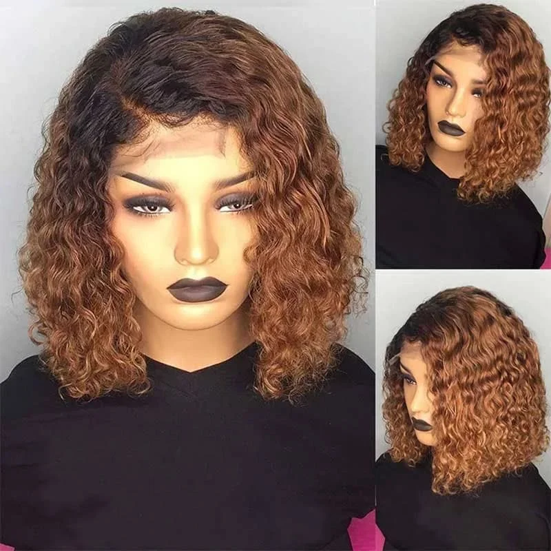 Wear Go Glueless Ombre Brown Jerry Curly 6×4 Pre Cut Lace Closure Side Part Bob Wigs