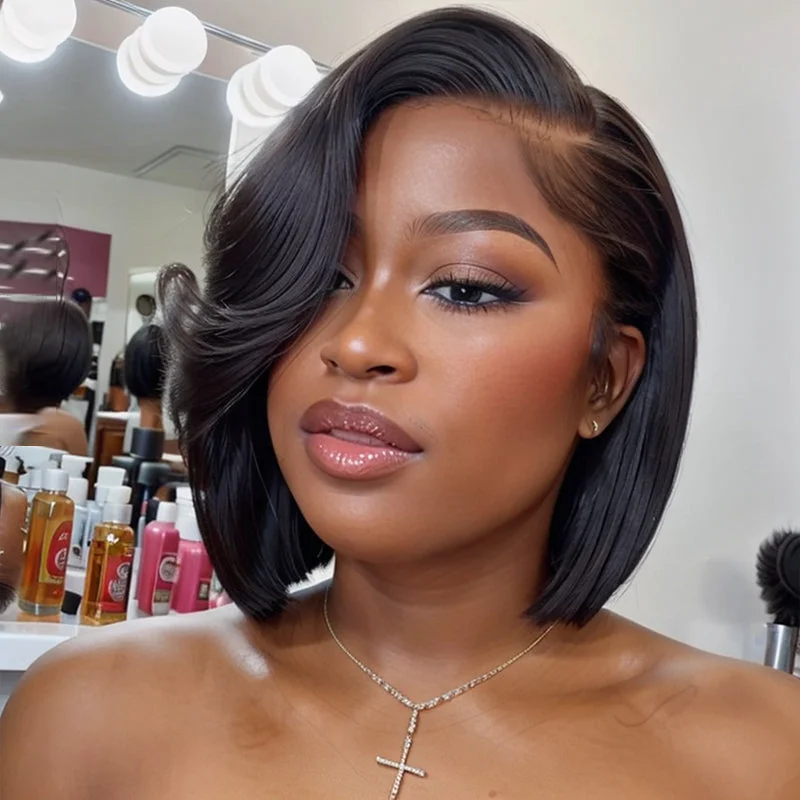 Glueless wig with a side - part for a more flattering lookPut On & Go | Short Glueless 3D Cap Straight Bob 5X5 HD Lace Closure Side Part Wig With Bangs Glueless wig with a side - part for a more flattering lookPut On & Go | Short Glueless 3D Cap Straight Bob 5X5 HD Lace Closure Side Part Wig With Bangs