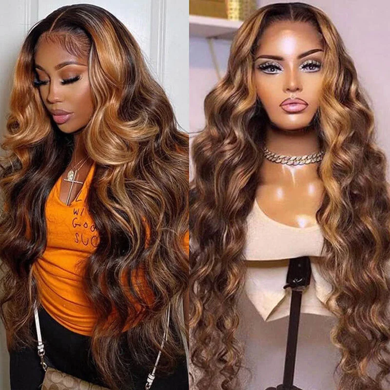 YMY Hair Honey Blonde Highlight Piano Color 13x4 Lace Front Body Wave Wig