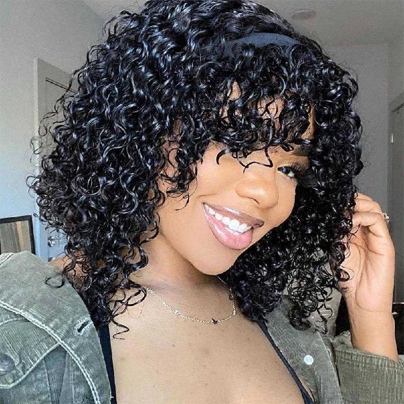 18-32inch Curly Wave HEADBAND WIG With Bang Curly Human Hair Wigs