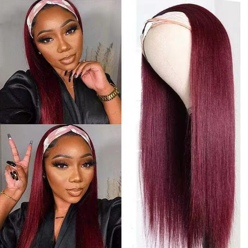 99j Burgundy Headband Wig Straight Human Hair Wigs Sterly Headband Wig With Scarf 250% density