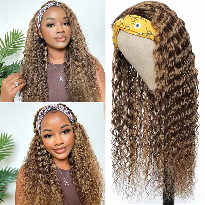 AngieQueen #4/27 Color Deep Wave Headband Human Hair Wig No Gel No Glue Silk Scarf Headband Wigs