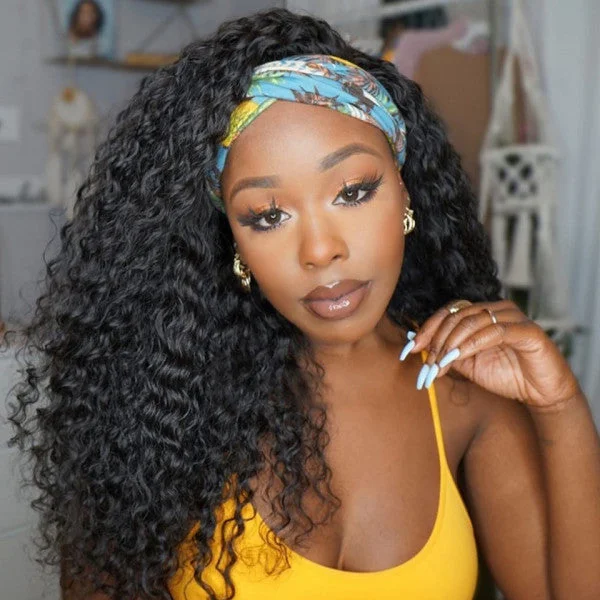 AngieQueen Deep Wave Human Hair Wig Glueless Wig Brazilian Virgin Hair Machine Made Headband Wig 180% Density