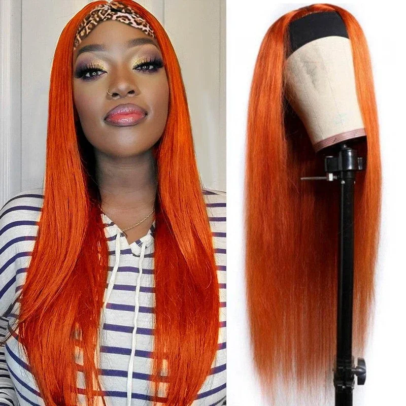 AngieQueen Orange Colored Human Hair Wigs Brazilian Straight Remy Full Machine Made Glueless Headband Wig