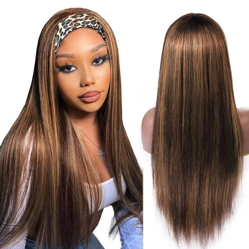 AngieQueen Straight Headband Wig Human Hair Highlight #4 /30  Remy  Full Machine Made Wig