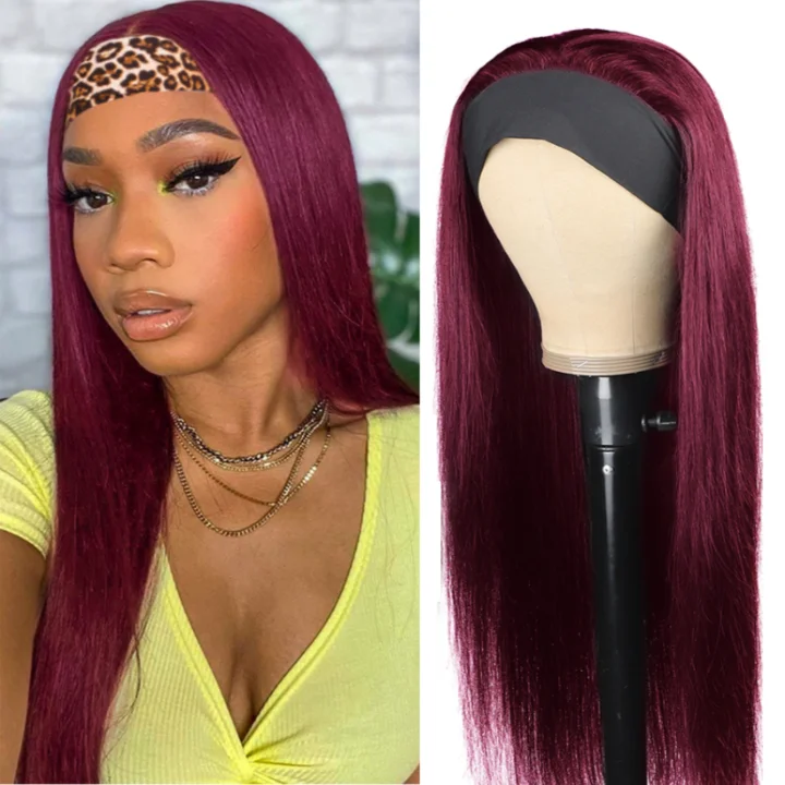 AngieQueen Straight Human Hair Wigs 1B/99J Omber Headband Wig Brazilian Remy Hair Glueless Full Machine Made Wig