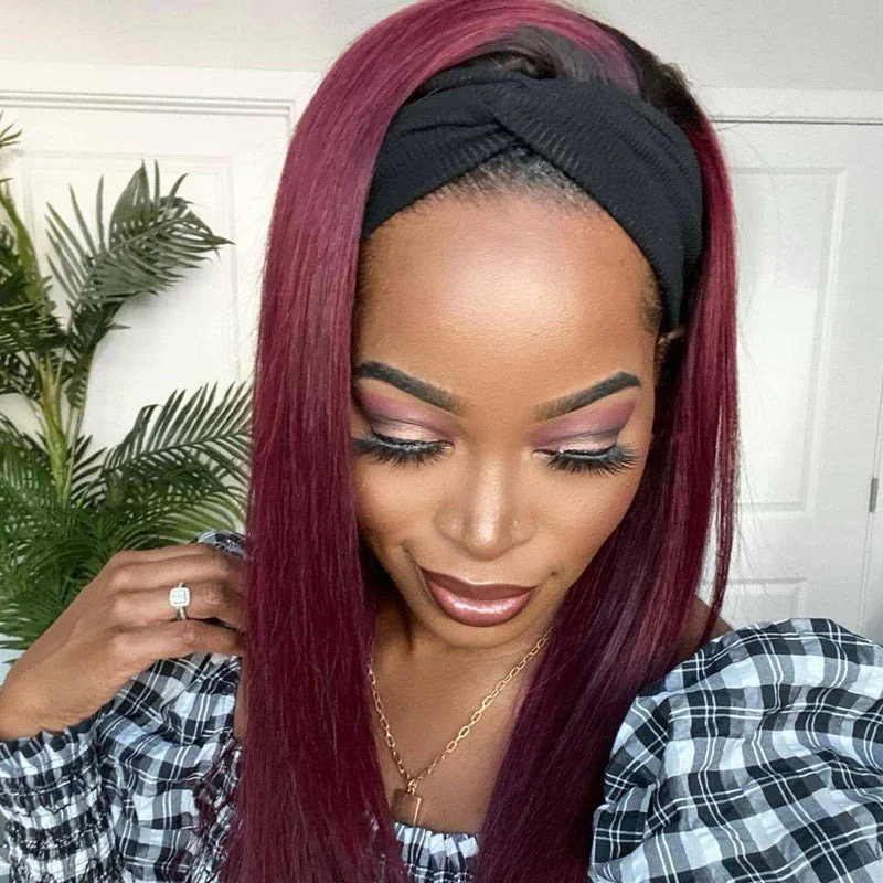 Hot Beauty Hair Burgundy Headband Wig With Dark Root Straight(Get Free Headband Set)