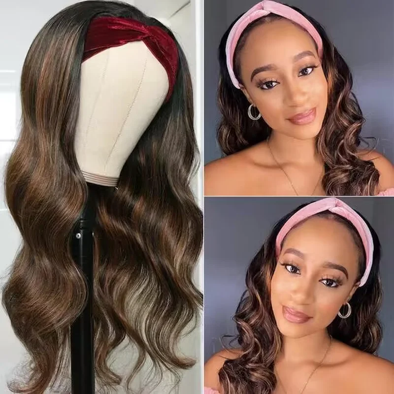 FB30 Hightlight Headband Wig Body Wave Human Hair Wigs Sterly Headband Wig With Scarf 250% density