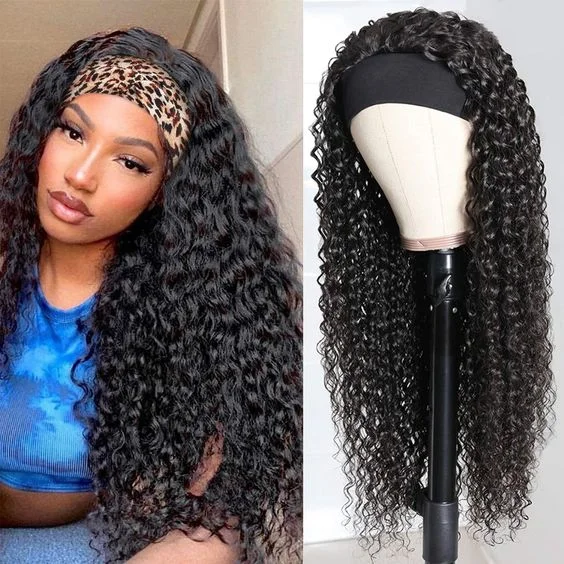 Wet and Wavy Headband Human Hair Wigs Deep Wave Curly Headband Wigs 150% Density Natural Color Lace Front Wigs