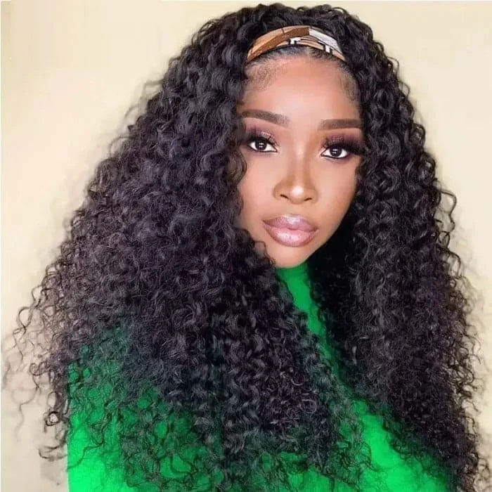 High Quality Headband Wigs Kinky Curly Human Hair Wigs  150% Density Virgin Hair Natural Black