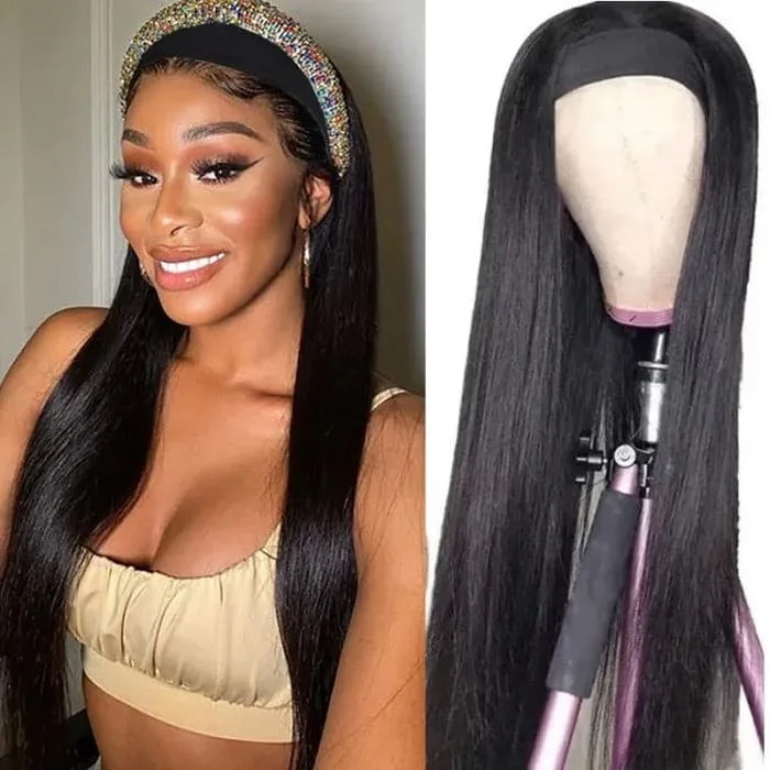 Long Straight Hair Headband Wigs Human Hair Glueless Wigs 180% Density Natural Black