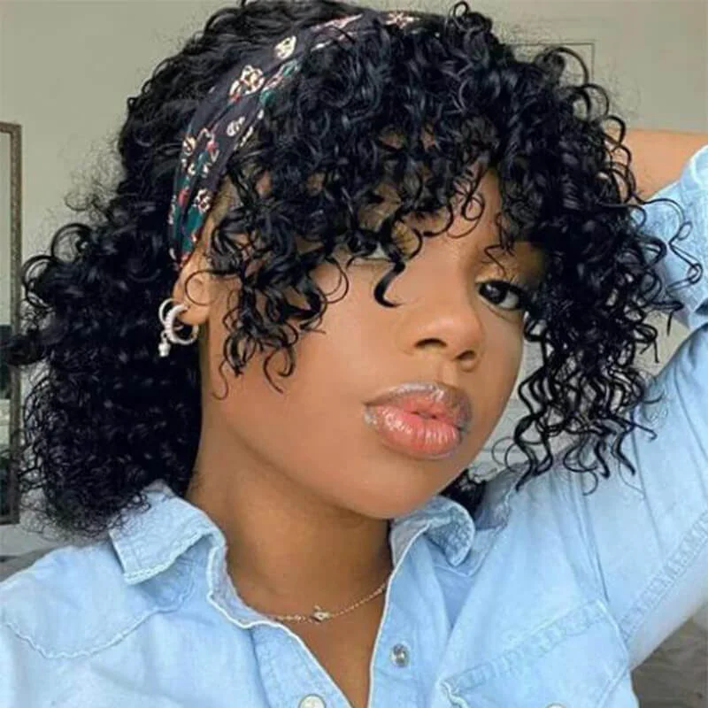 Short Jerry Curly Headband Wig with Bangs