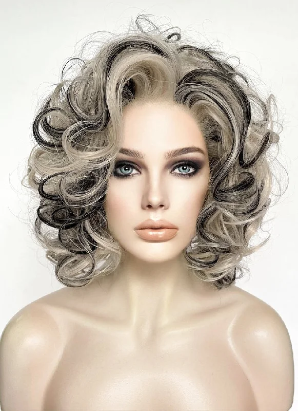 Pastel Blondish Grey Mixed Black Curly Lace Front Synthetic Hair Wig LN6034