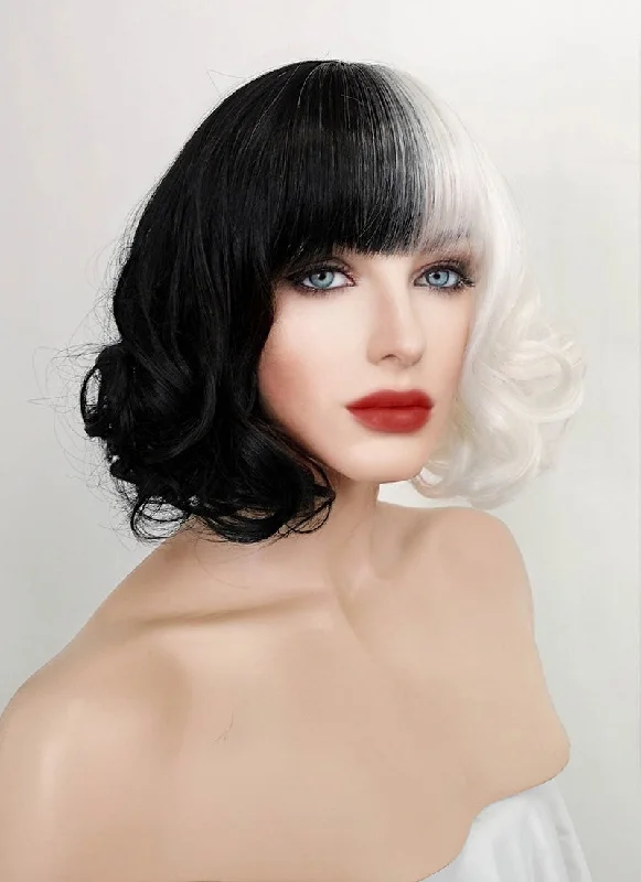 Cruella Black White Split Gemini Color Wavy Bob Synthetic Wig NS200