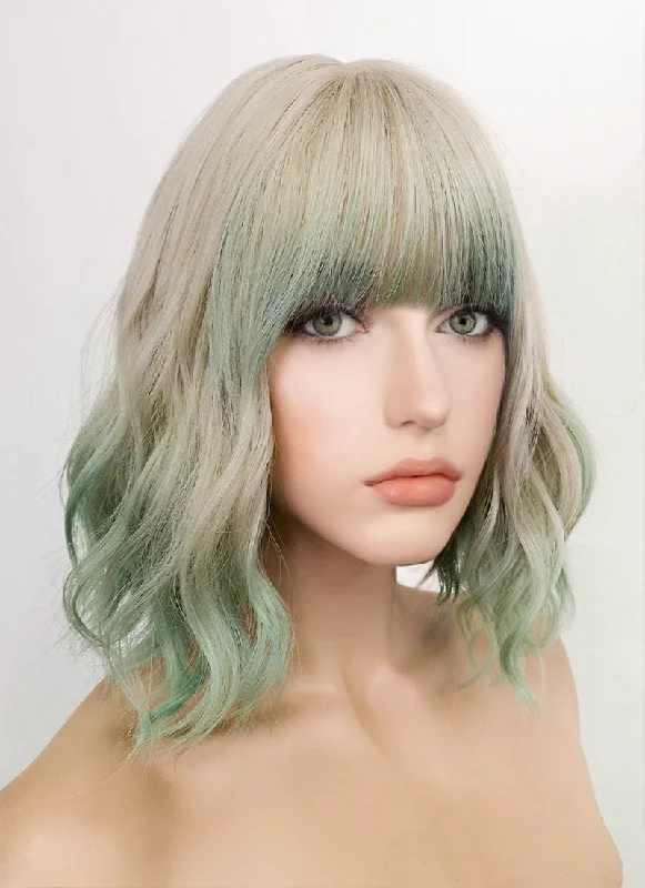 Blonde Mixed Green Wavy Synthetic Wig NS283