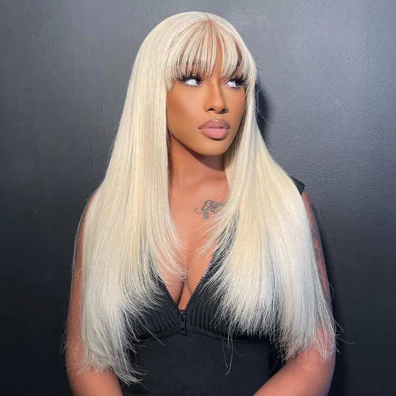 613 Blonde Straight Colored Wigs With Bangs 13x6 Transparent Full Lace Frontal Wig High Quality Remy Hair