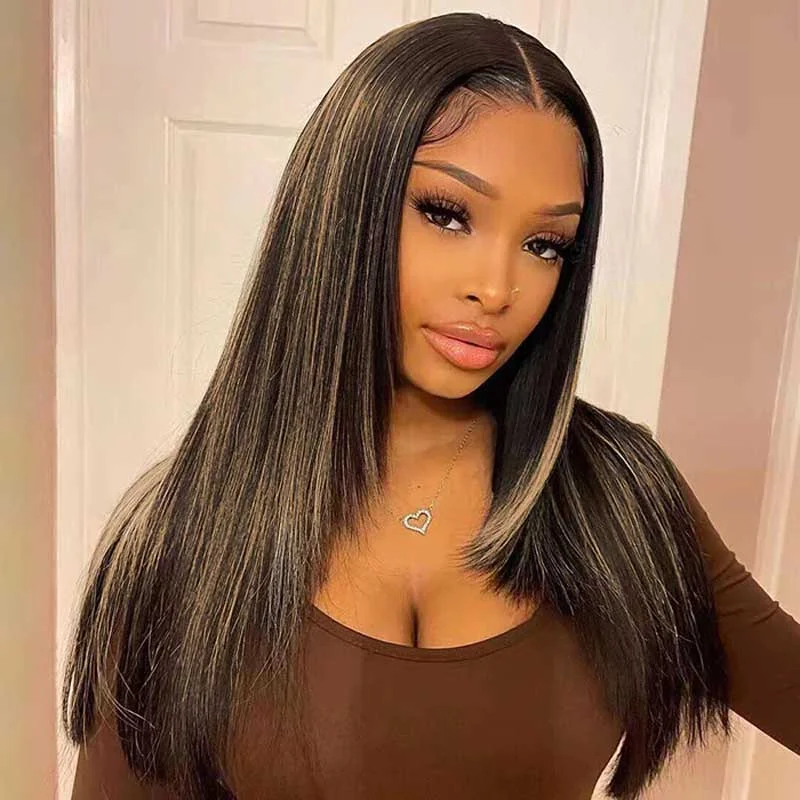 Alibonnie Layered Cut 1B/27 Highlights 13x4 Transparent Lace Straight Wig Human Hair Wigs With Pre Plucked