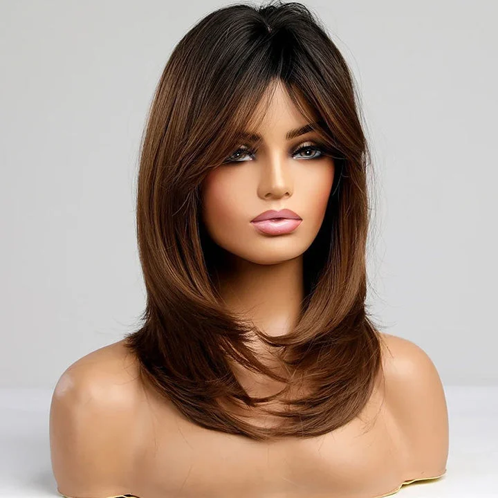 Curtain Bangs Ombre Chestnut Brown Straight Layered Cut 13x5 Pre Cut Lace Wig