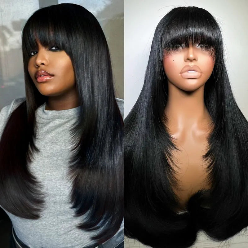 Layered Cut with Bangs 4x4 Transparent Lace Closure Wig Straight Human Hair 180% Density