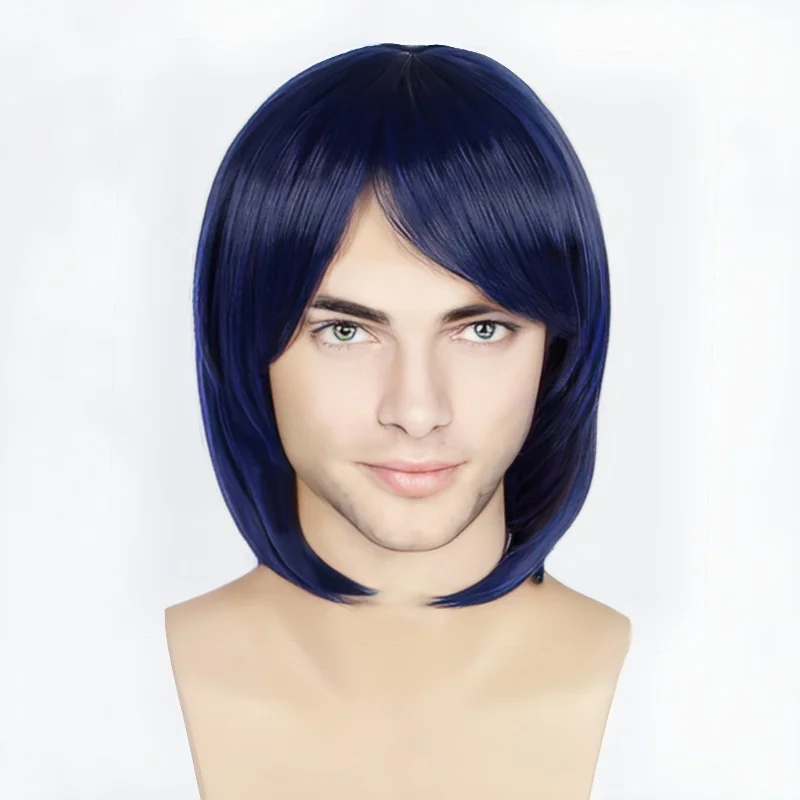 Men Navy Dark Blue Medium Length Straight Side Swept Long Bangs Cosplay Wig