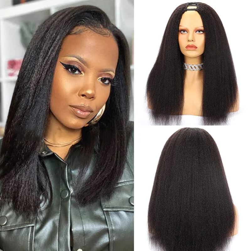 U Part Wig Kinky Straight Human Hair Wig Natural Color 150% Density