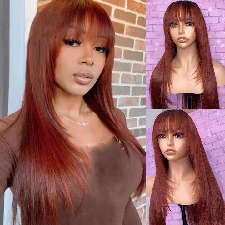 Pre Cut Lace Reddish Brown Straight Layer Cut Lace Front Glueless Wig With Bangs Human Hair