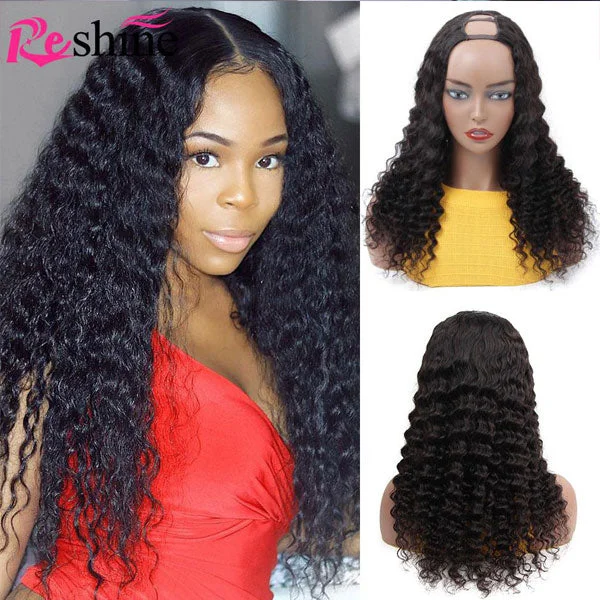 Reshine Hair U Part Wig Deep Wave Curly Hair Brazilian Peruvian Malaysian Human Hair Wigs