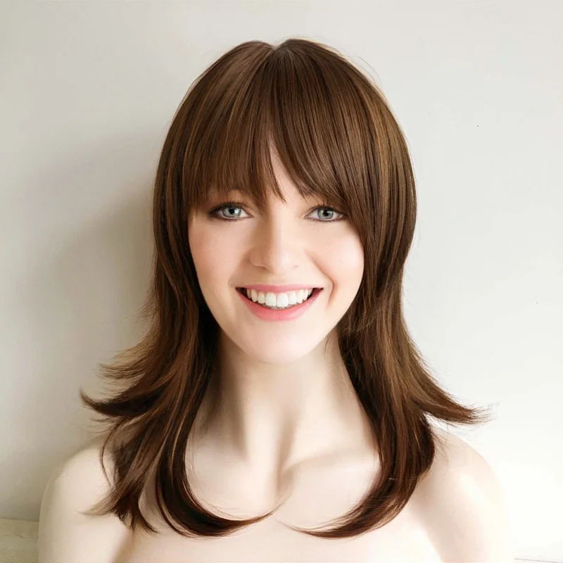 Women Dark Brown Medium Length Straight Short Layers Shag Flicked Style Wig