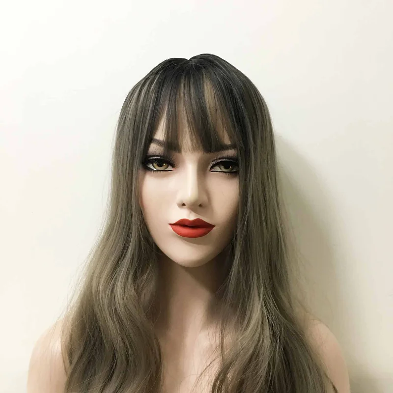 Women Gray Dark Root Long Curly Fringe Bangs Wig