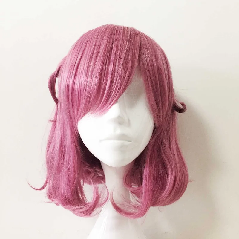 Women Magenta Pink Medium Length Straight Fringe Bangs Cosplay Wig